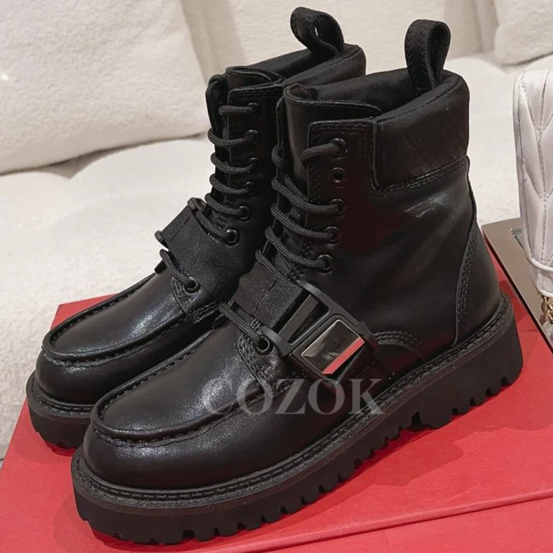 

Platform Short Boots Women Autumn New Buckle Strap Design Ankle Thick Bottom Boots Genuine Leather Upper Non-slip Female Shoes