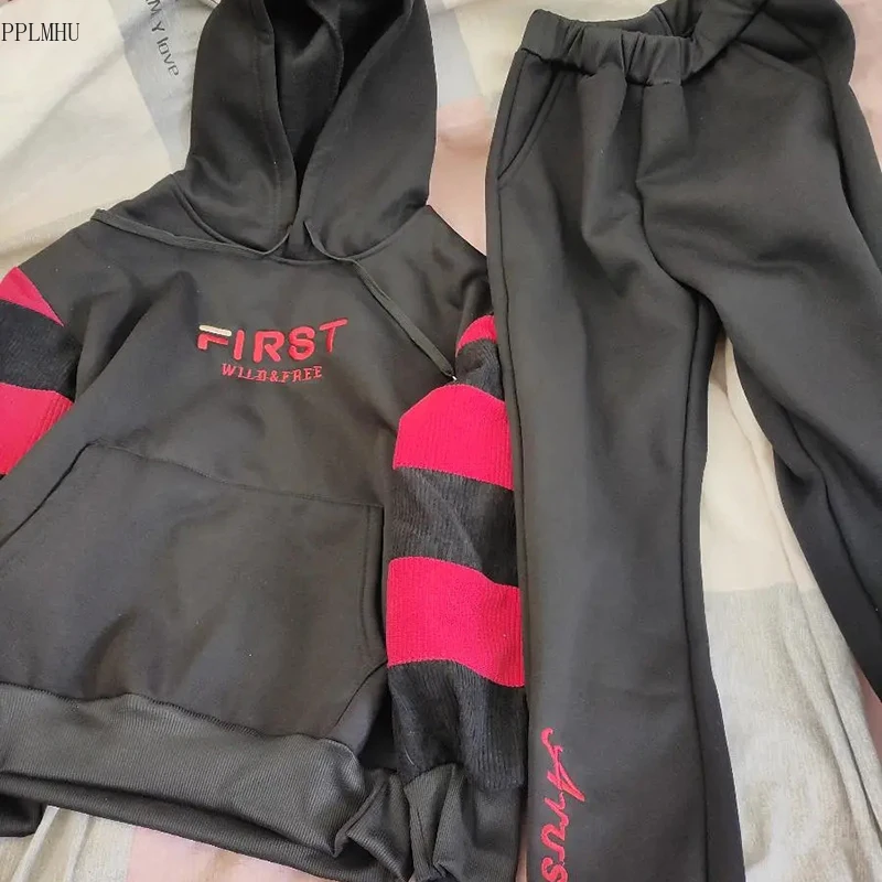 

Autumn Winter Korean Loose Hooded Sweatshirt + Sweatpants Suit Plus Velvet Thick Warm Casual Jogging Tracksuit 2 Piece Set Women