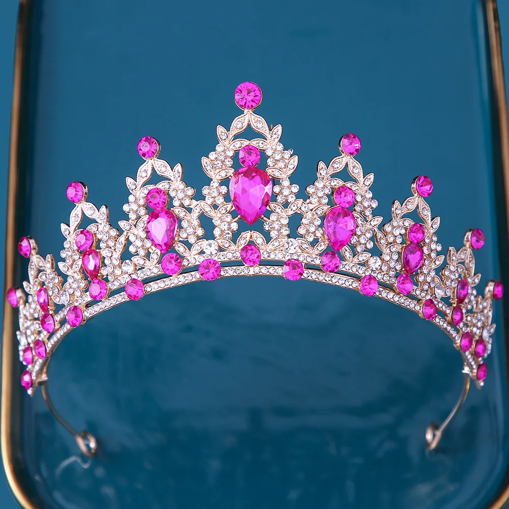 Kmvexo New Rose Red Pink Purple Crystal Hair Crown Tiara Princess Strass Ornamenti Per Capelli Hairband Bride Accessori Da Sposa