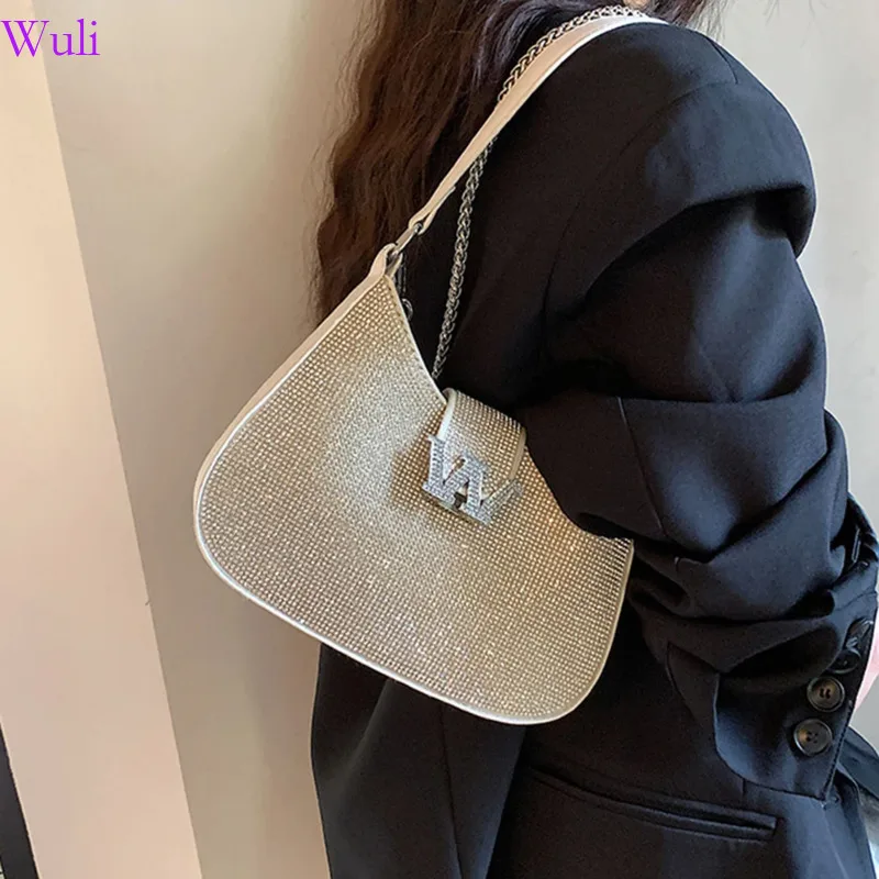 

Sliver Rhinestone Underarm PU Leather Shoulder Letter Women Crossbody S/M Solid Color U-shaped Chain Hobo Bag top-handle bags