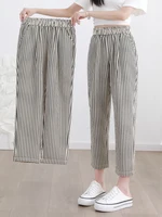 Women's Casual Vertical Striped Comfortable Breathable Elastic Waist Belted Daily Wear Casual Tapered Crop Pants With Pockets - Image 3