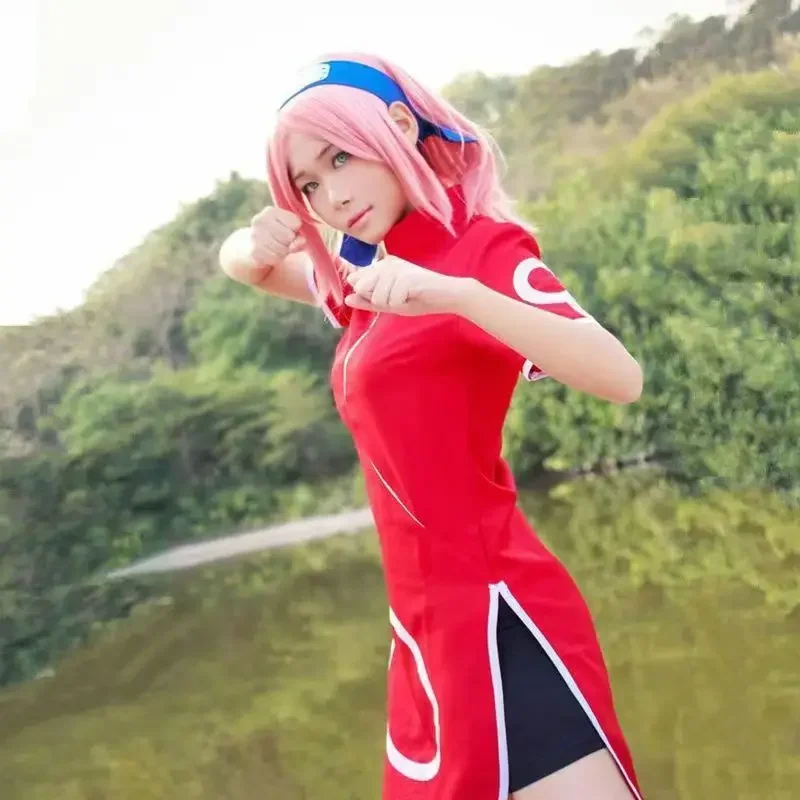 Costume Cosplay Uchiha Sakura Haruno Sakura Cheongsam, Outfit Completo per Anime Comic-Con e Spettacoli