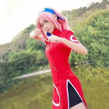 Costume Cosplay Uchiha Sakura Haruno Sakura Cheongsam, Outfit Completo per Anime Comic-Con e Spettacoli