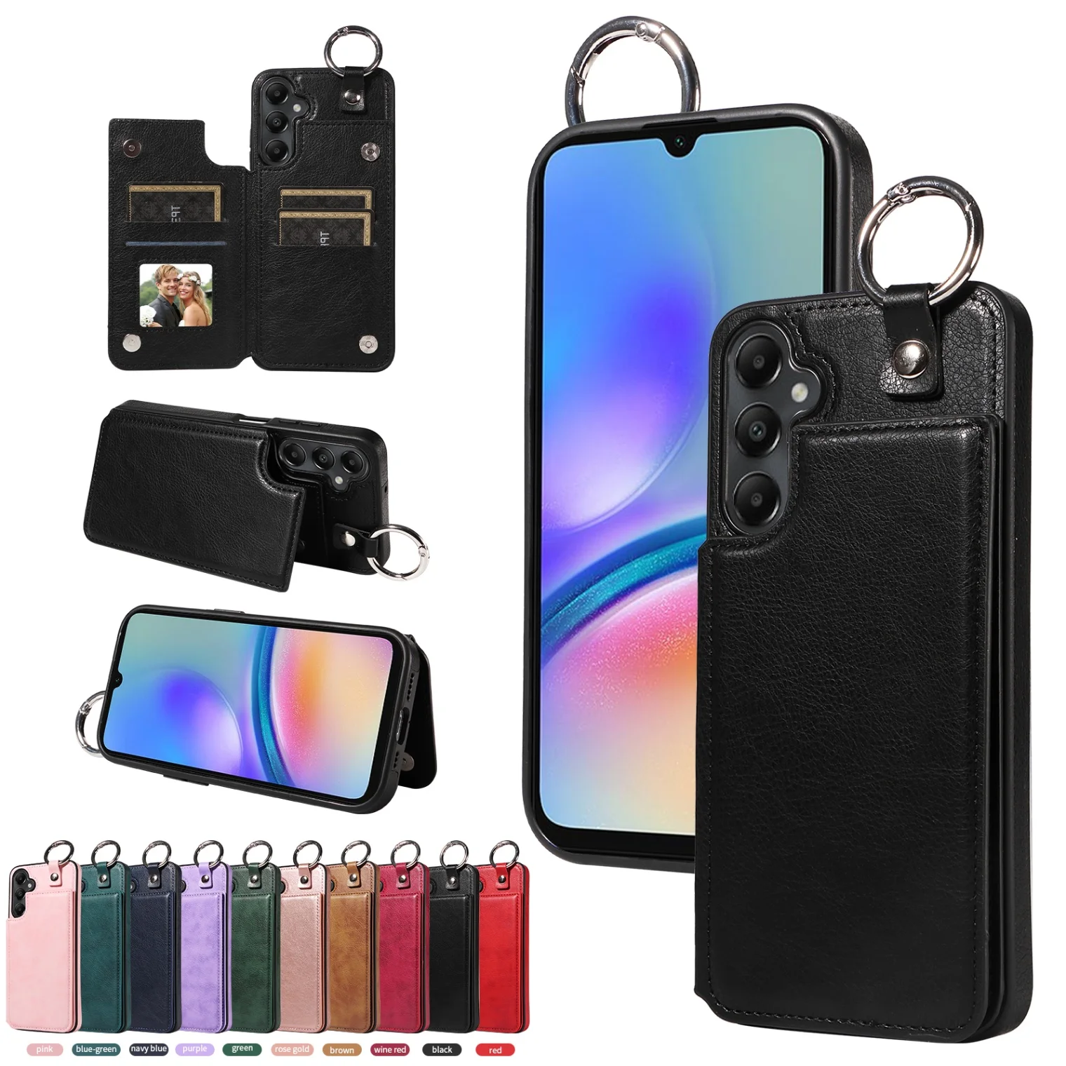 Leather Wallet Phone Case with Ring Holder & Card Slot - Shockproof Cover