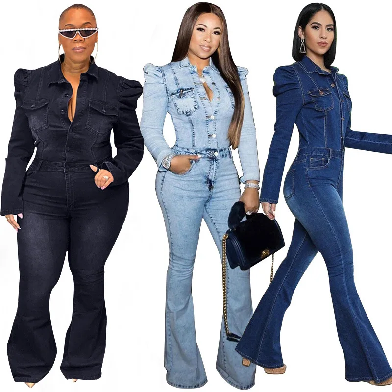 

Denim Jumpsuits Women Bandage Autumn Long Sleeve African Rompers Cowboy Bodysuit fashion Flared Jumpsuit Bodysuit Bodycon