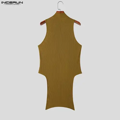 INCERUN Men Irregular Tank Tops Solid Color Knitted Turtleneck Sleeveless Male Vests Streetwear Summer 2026 Zipper Fashion Tops - Image 5