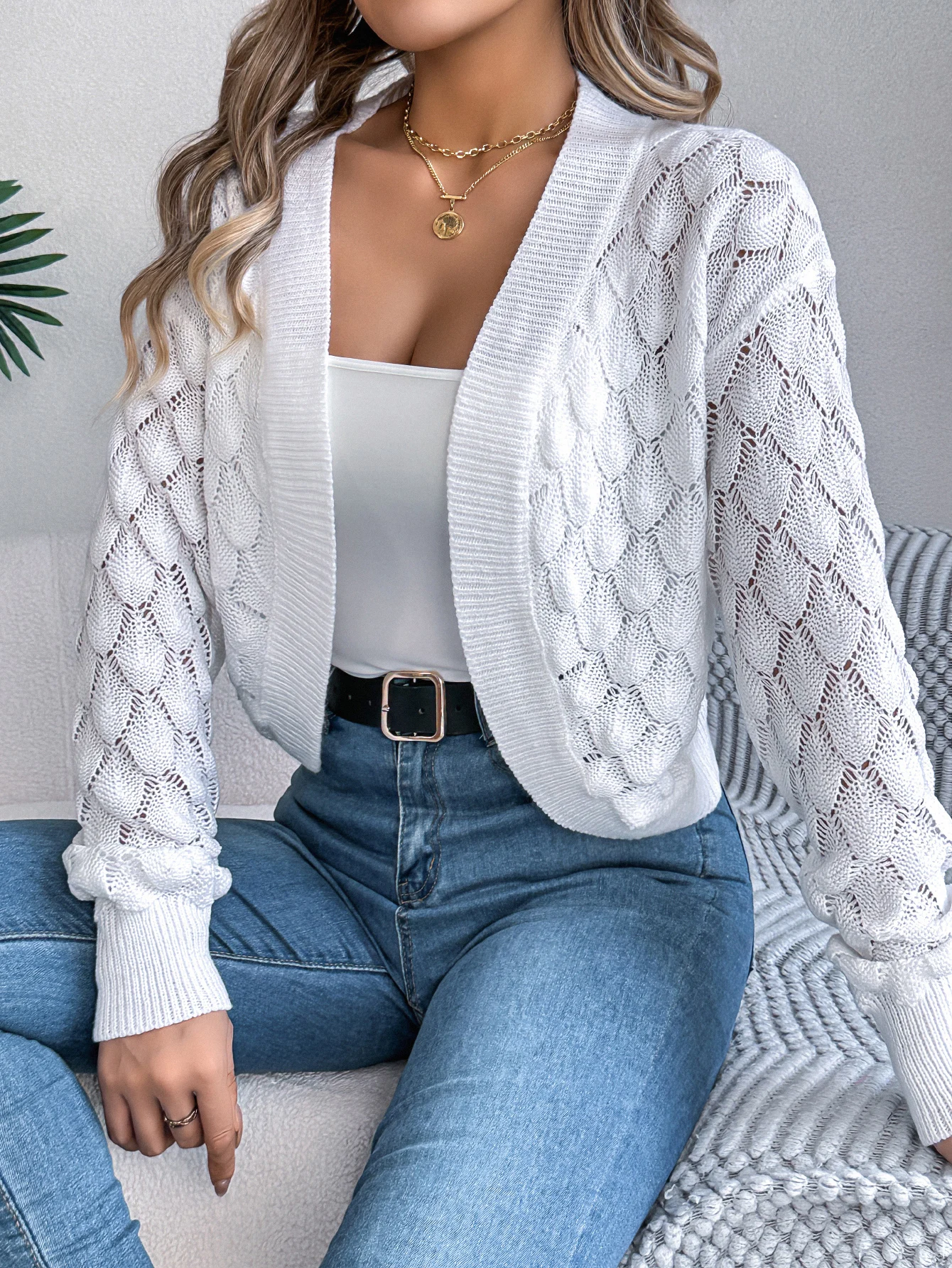 Women Knitted Cardigan Sweater Long Sleeve White Grey Red