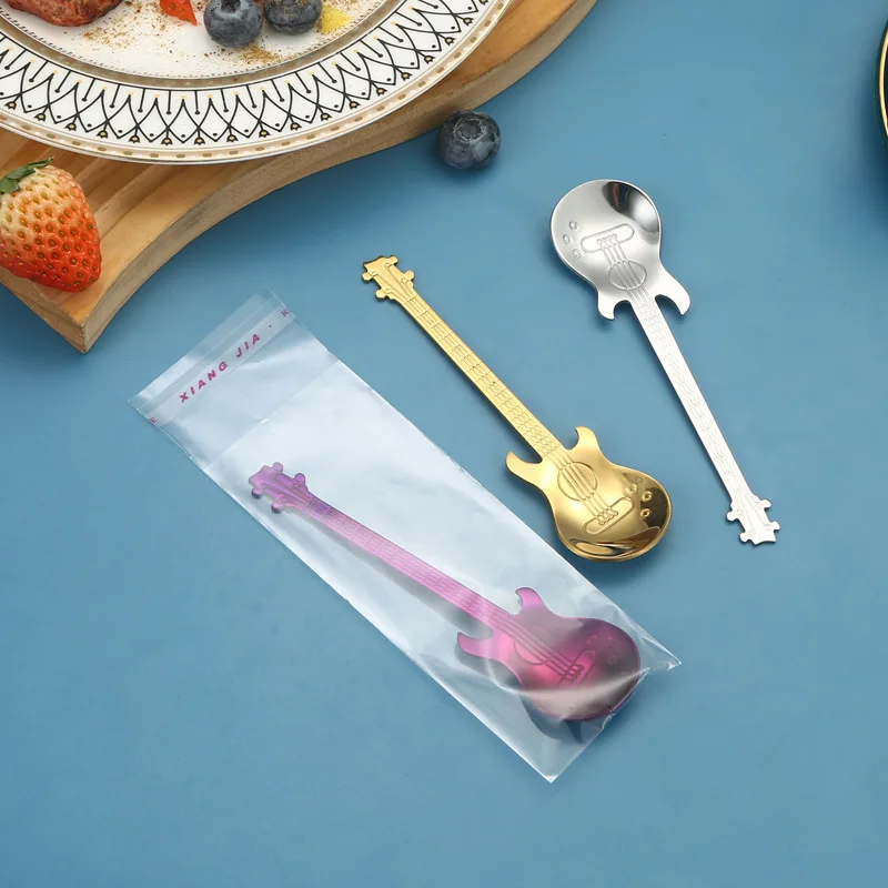 100Pcs Stainless Steel Spoon Coffee Guitar Shape Music Theme Tea Stirring Spoon Ice Cream Dessert Scoop
