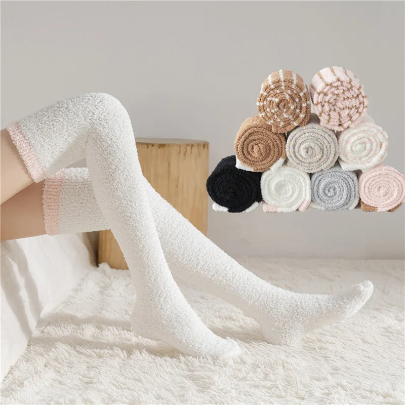 

1 Pair Soft Coral Fleece Knee Socks Winter Warm Girls Women Stockings Simple Solid Color Striped Cozy Long Thigh High Socks New