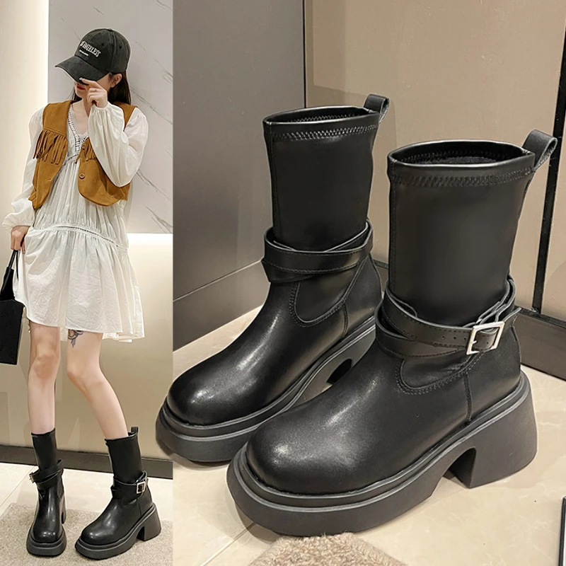 

Boots Rock Shoes Woman Winter Footwear Chelsea Round Toe Lolita 2023 High Heel Rubber Mid-Calf Mid Calf Autumn Ladies Cotton Fa