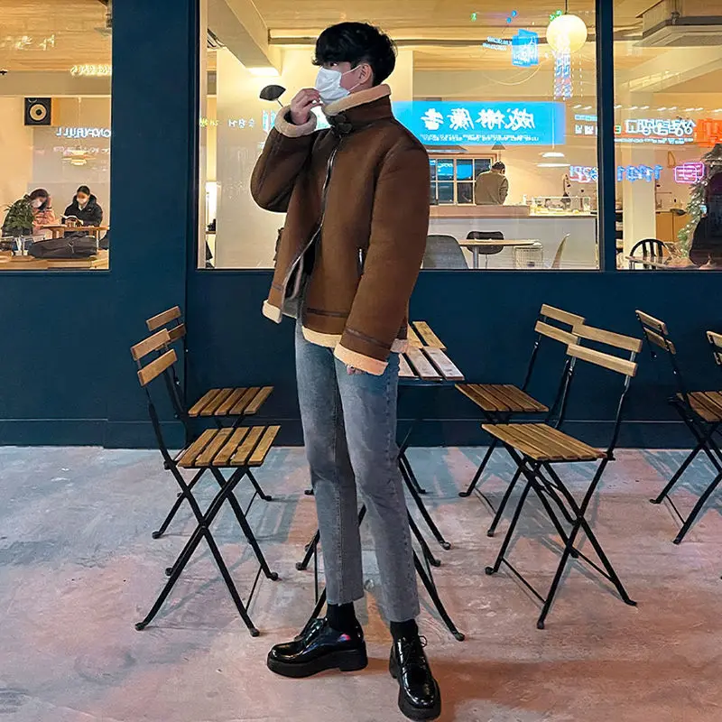 Lamb Wool Cotton Coat Men's Winter Version Loose Fur One-piece Standing Collar Suede