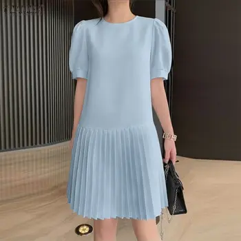 Fashion ZANZEA Summer Short Sleeve Women Dress Puff Sleeve Solid Color Pleated Dresses O Neck OL Work Party Vestidos Streetwear 1