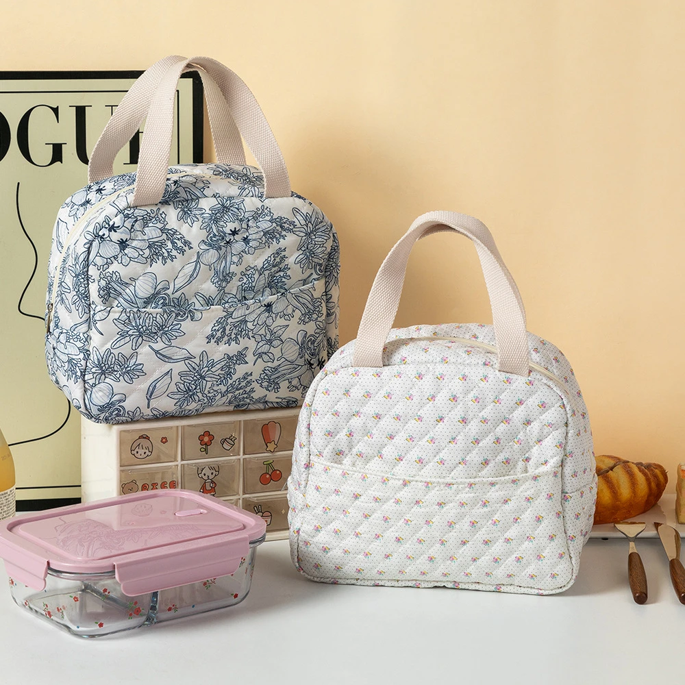 Women Thermal Insulation Lunch Bag Floral Printed Hand-Held Cooler Bag Large Capacity Lunch Box Bag Travel Picnic Camping Bag