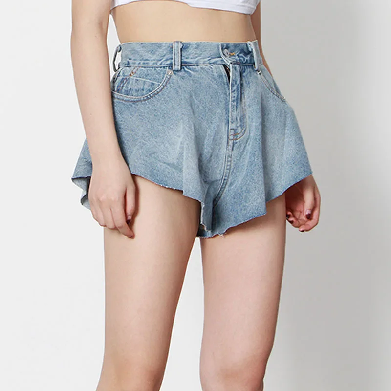 2021 Sexy Ruffle Shorts New Spring Summer Fashion Light Blue Denim Washed Pockets Zippers Shorts High Waist Female Bottoms Y2k