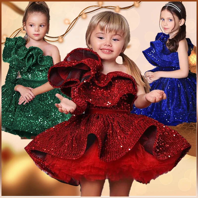 

Sequined Princess Ball Gown Dress Flower Girl Child Wedding Dress Birthday Party Piano Playing Dress Sleeve Baby One shoulder