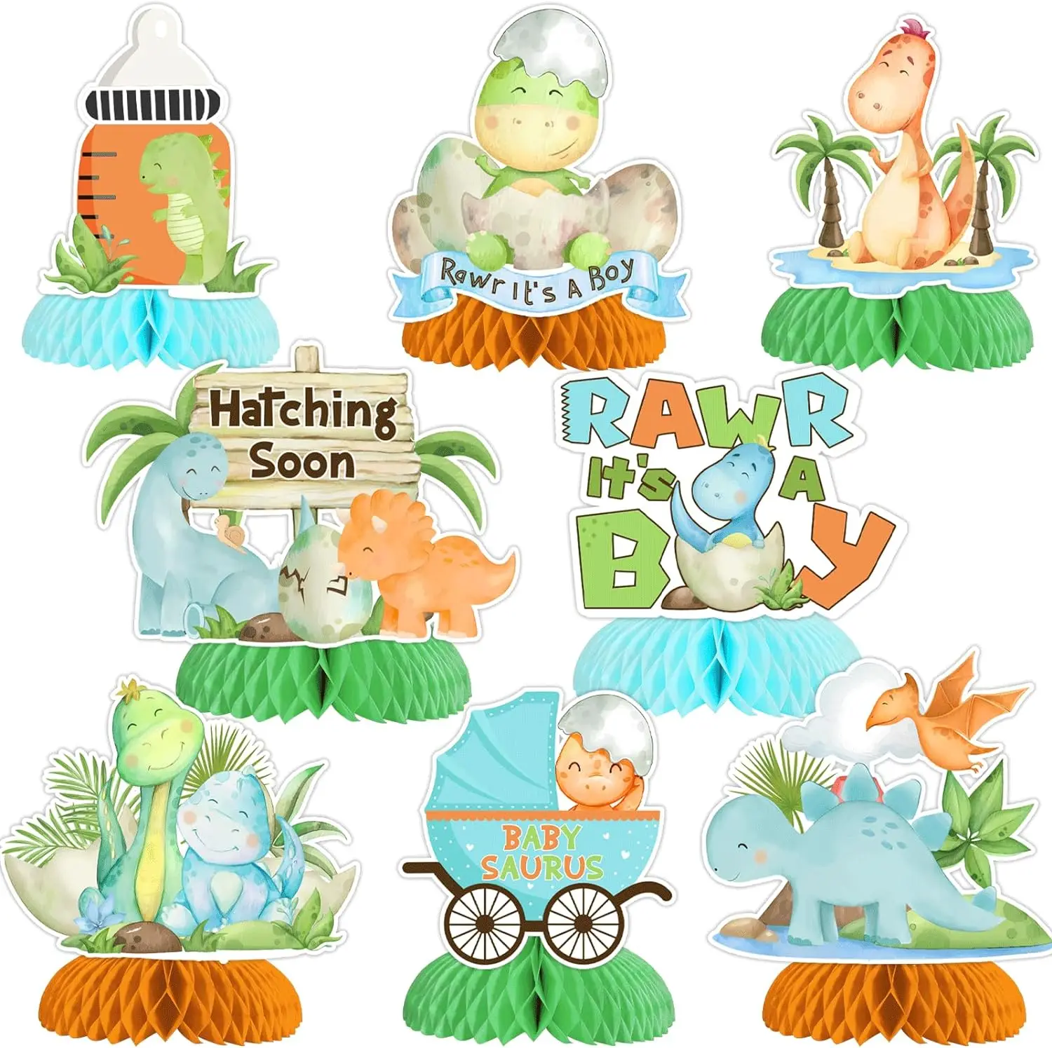 

8PCS Dinosaur Baby Shower Honeycomb Centerpieces Hatching Soon Table Decor Rawr Its A Boy Dinosaur Themed Party Supplies