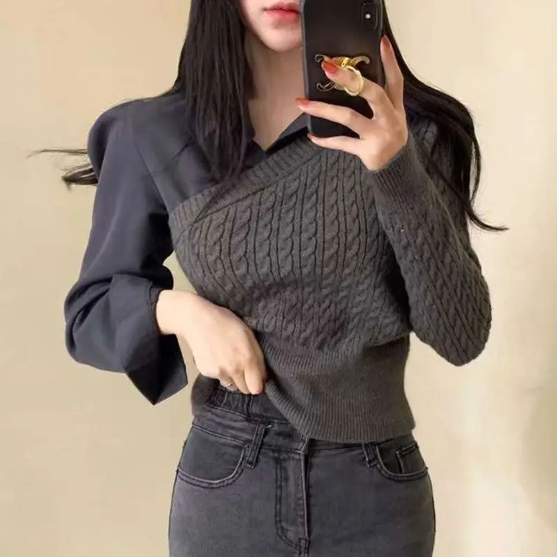 

Korea Spliced Knit Sweater Women Pullovers Fall New Fake Two Pieces Long Sleeve Tops Office Lady Turn-down Collar Jumpers
