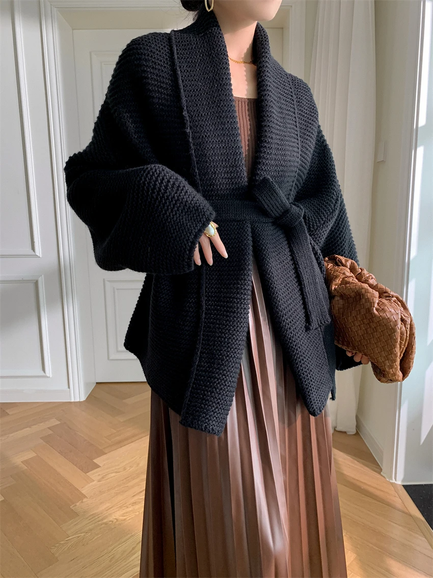 맞춤형 디자인: 미디엄 롱 울 가디건, 가을 및 겨울 코트, 루즈 코트, 두꺼운 스웨터, 단색 뜨개질 벨트