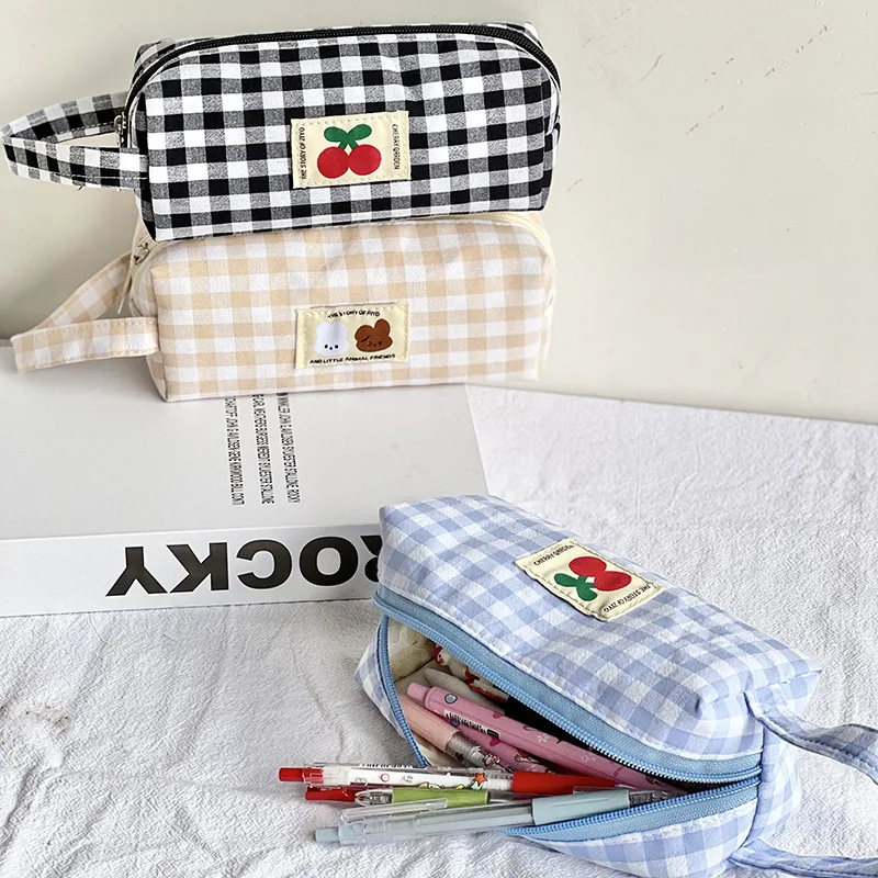 

INS Pencil Case Large Capacity Cute Storage Bags Cherry Bear Stationery Organizer School Supplies Plaid Pencil Case