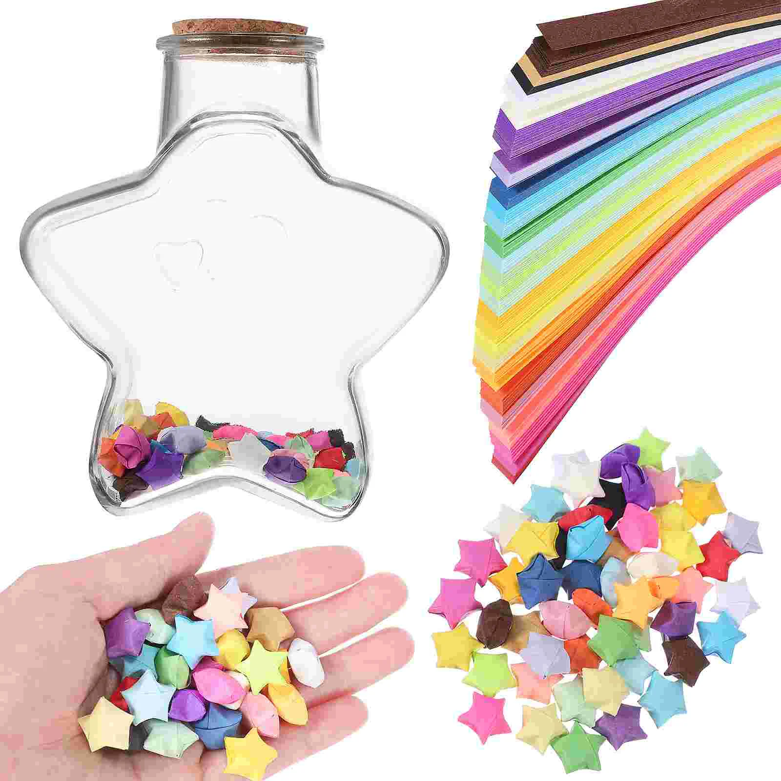 

540 Sheets Wishing Star Origami Bottle Birthday Confession Gift Girl Room Decoration with Paper Can Rainbow Strips Cellophane