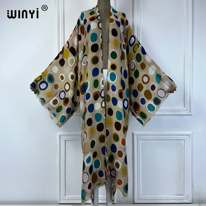WINYI 아프리카 추상화 프린트 해변 커버 업, 기모노 의상, 맥시 원피스 가디건, 여성 비치웨어, 2024 아바야, 두바이, 럭셔리, 여름