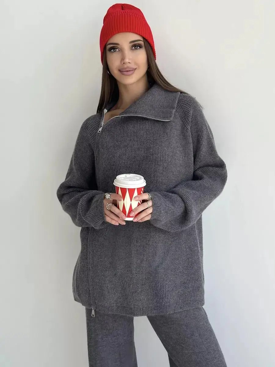 Knit Zipper Women's Pants Sets For Women Slim Lapel Long Sleeve Pullover And Patchwork Straight Legg 2 Piece-Set Winter