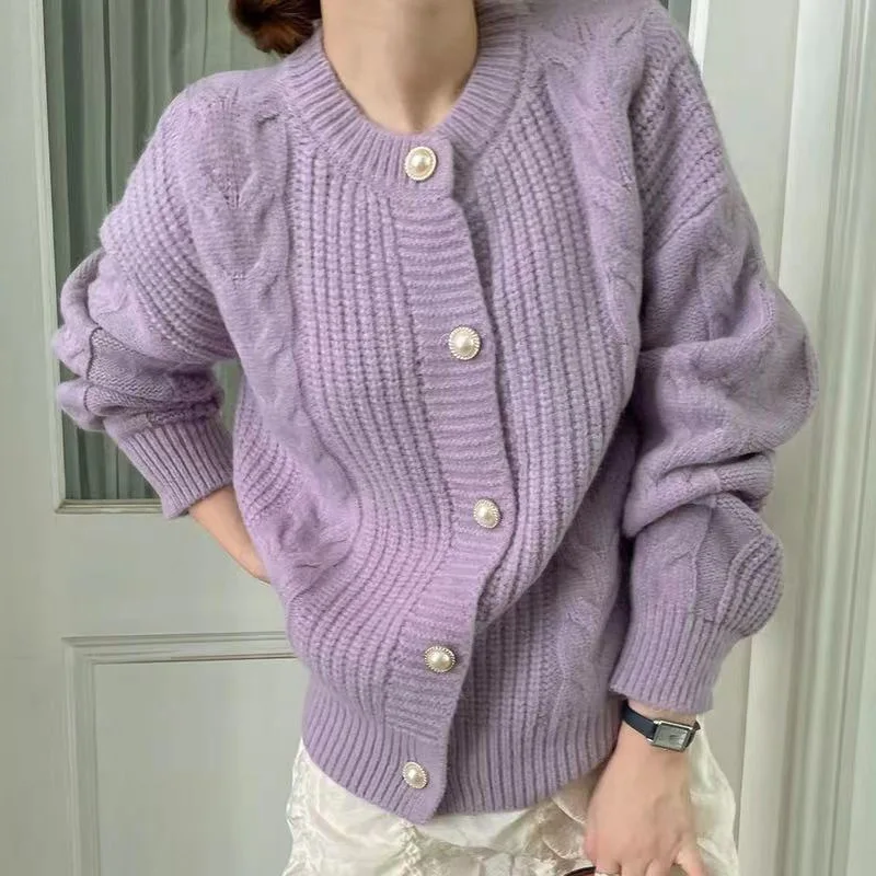 

Pear Button Fashion Cardigans, Purple Color , Knit Sweater Jackets , Lady Oversize Jumpers, Sweatshirt , Clothing, Traf, Y2k