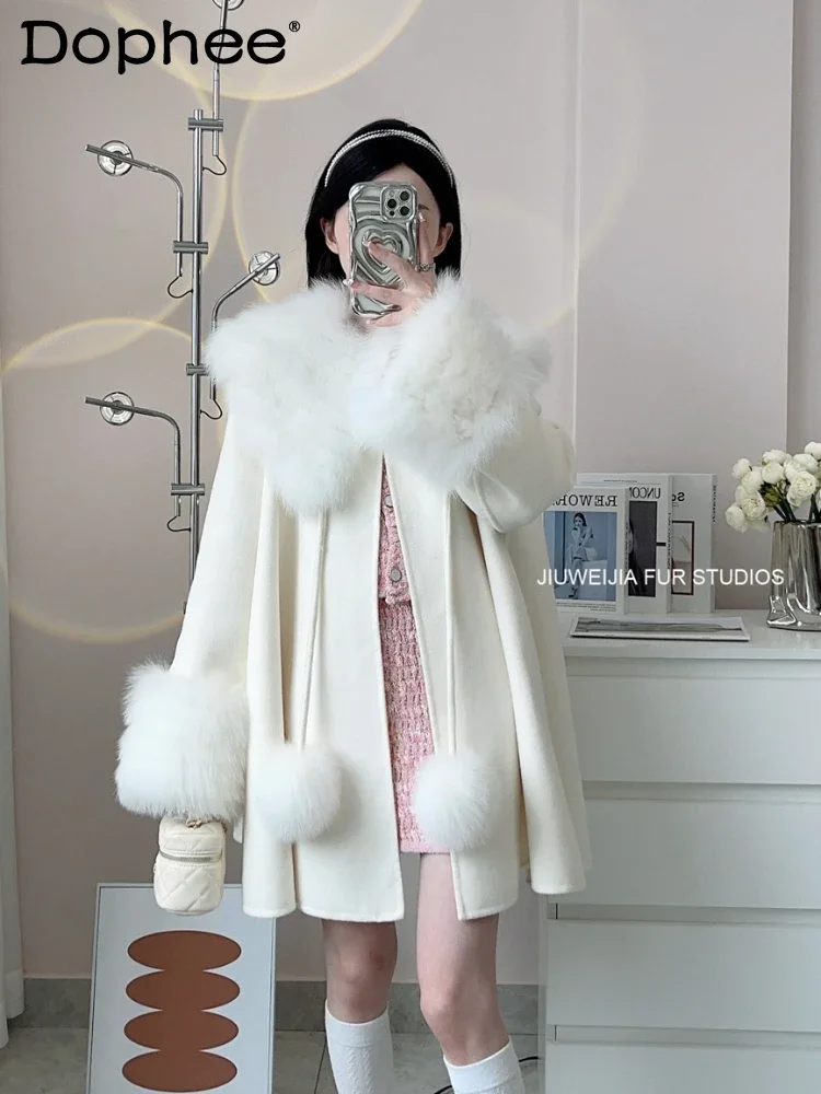 

Detachable Fox Fur Collar Cape Double-Faced Woolen Goods Cashmere Coat for Women 2023 Autumn and Winter New Fur Coat Female