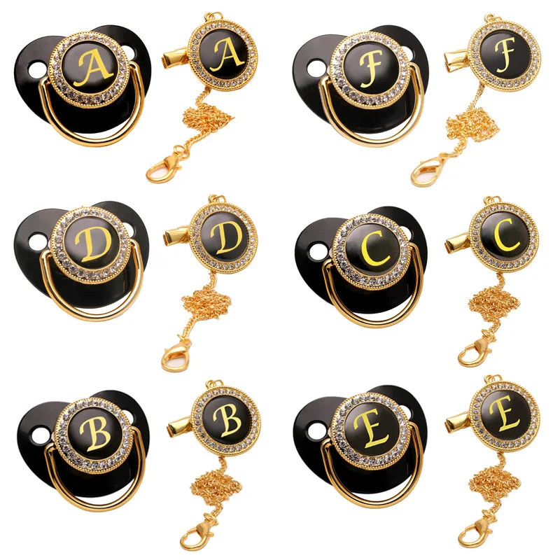 Black Luxury Pacifier Chain Clips with Lid Name Initial Letter Silicone