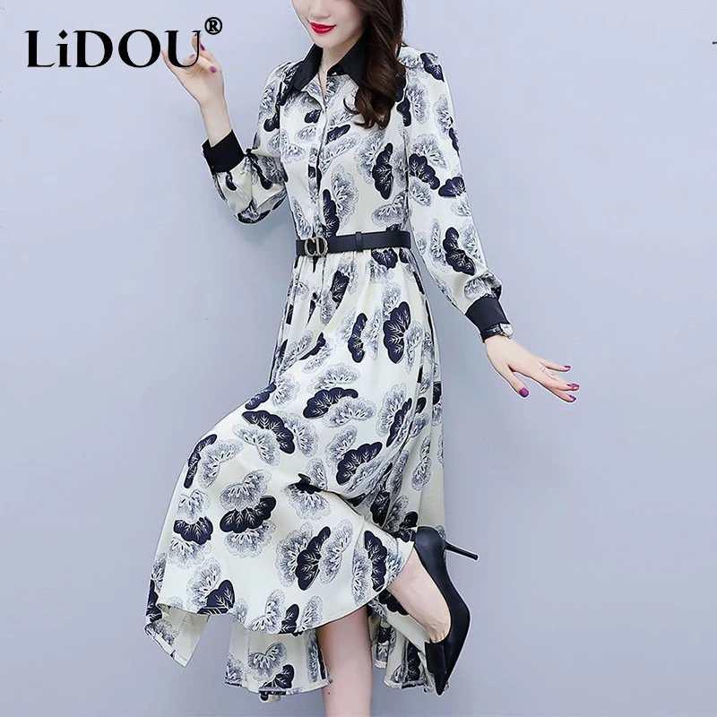 

Spring Autumn Elegant Fashion Printing Waist Dress Ladies Long Sleeve Buttons Casual Robe Femme Temperament Vestidos De Fiesta