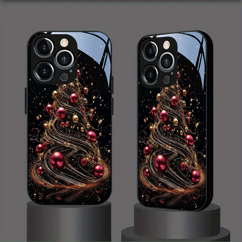 Black Tempered Glass Phone Case with Ornate Red and Golden Christmas Tree Design