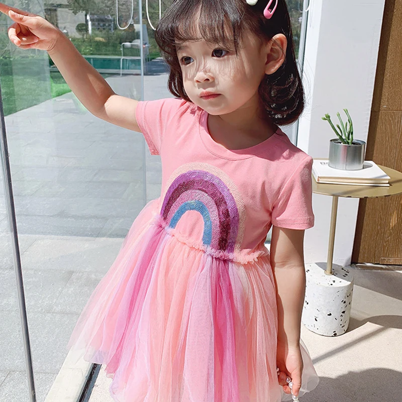 Kids Dresses for Girl Summer Children Clothes Girl Rainbow Print