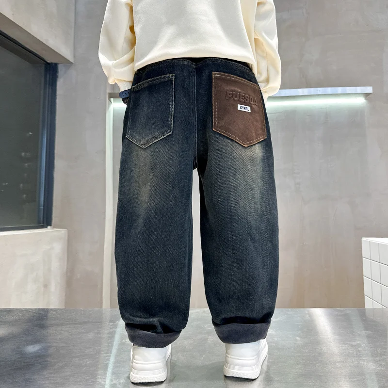الرجعية الأزرق الداكن الشتاء الجينز الدافئة للمراهقين الصبي الكلاسيكية سميكة معزول الدينيم السراويل الطفل الجينز الحراري بنطلون للأطفال