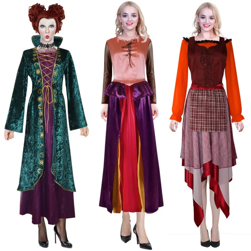 

Movie Hocus Pocus 2 Winifred Sanderson Cosplay Costume Medieval Witch Retro Dress Uniform Sarah Halloween Carnival Outfit Wig