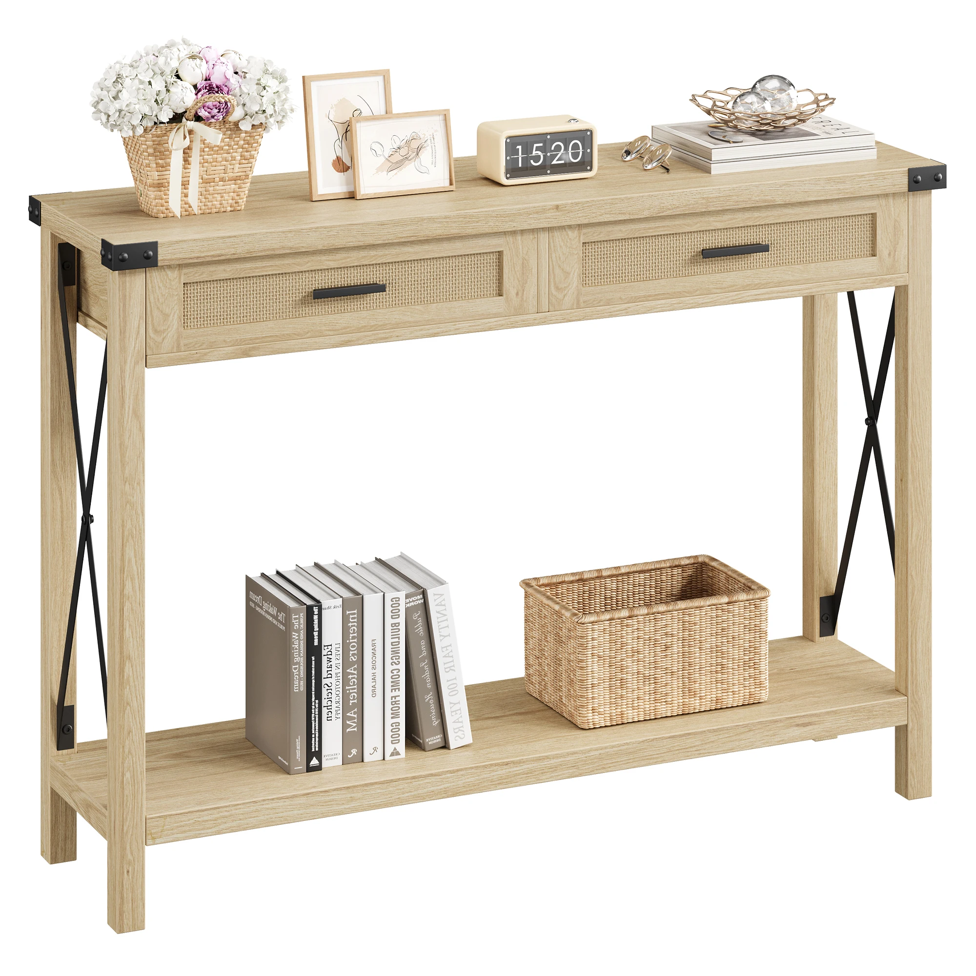 Farmhouse Entryway Table 2-Tier Narrow Console Table with Storage with Rattan Drawers Sofa Table for Living Room Hallway Foyer – Detail 2