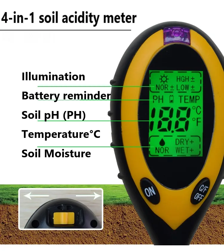 4 in 1 Soil Humidometer Home Gardening Measuring Tool PH Meter Tester Temperature Sunlight Intensity Analysis Soil Acidity Test soil moisture sensor soil tester soil moisture meter