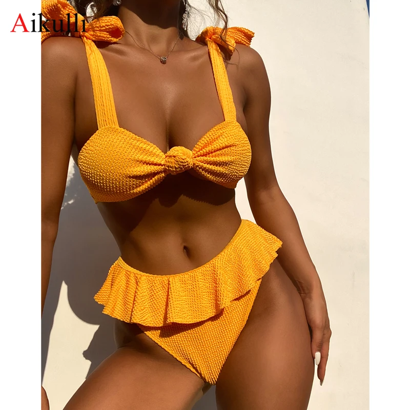 

Ribbed Yellow High Waist Bikinis Set Swimsuit Women Bow Swimwear 2023 Sexy Ruffled High Leg Bikini Beachwear Summer Bathing Suit