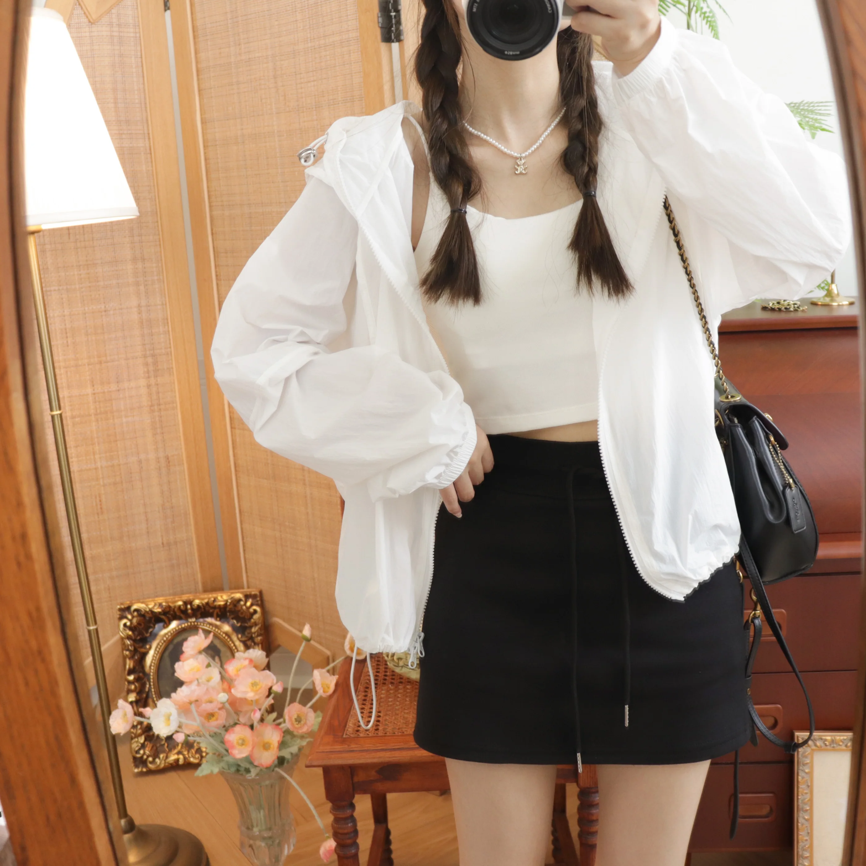 캠핑카화물 바람 Drawstring 후드 느슨한 작은 여름 태양 보호 경량 짧은 재킷 겉옷 여성 F 6205
