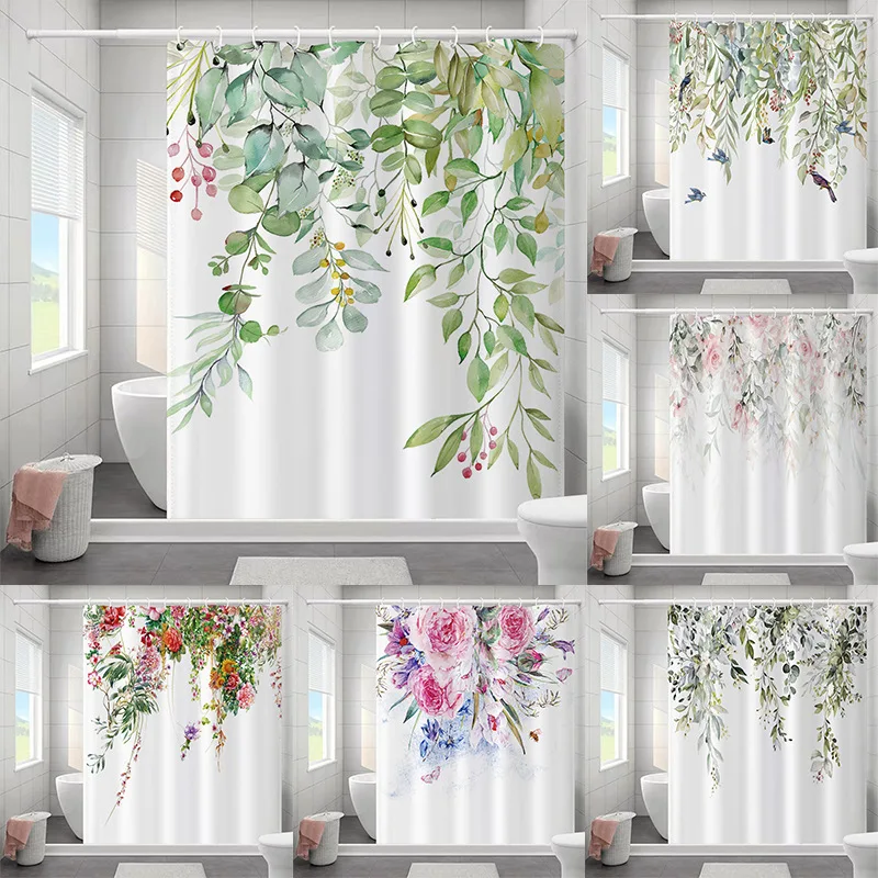 

Simple Plants Printed 3d Bath Curtains, Waterproof Prevent Mold Polyester Fabric Washable Bathroom Shower Curtain, with 12 Hooks