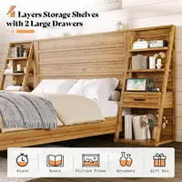 Farmhouse Style King Bed with Wide Headboard, 4-Tier Shelves, Charging Station, 2 Drawers, No Box Spring Required, Natural Oak F 3