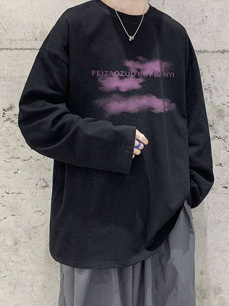 thumbnail image 1 of Camiseta de manga larga con estampado de letras de nube de otoño para hombre, nueva camiseta informal holgada de cuello redondo de gran tamaño, camisetas de calle Y2K para hombre 2023, 1 of 5