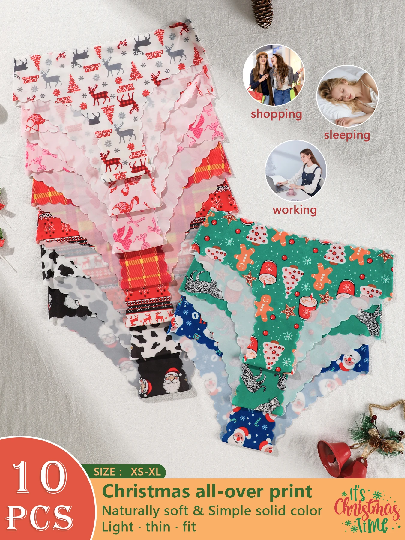 10-Pack Women's Christmas Underwear, Sexy and Comfortable, All-Over Print, Stretchy Women's Briefs