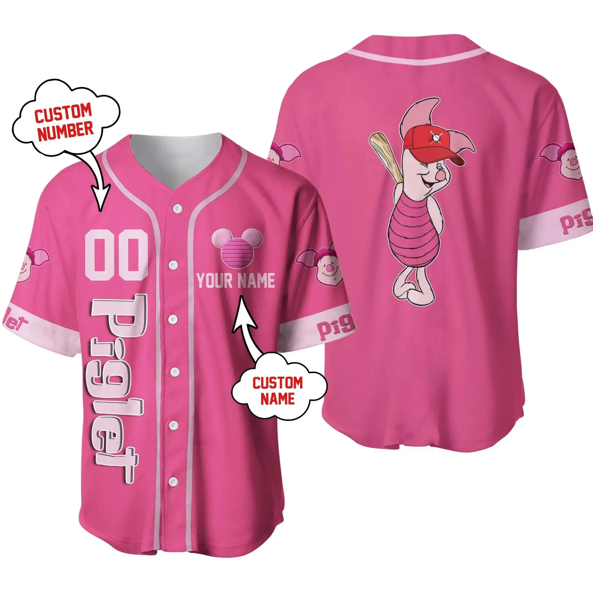 2024 Disney Cute Maialino Winnie The Pooh Pink Baseball Jersey Baseball Shirt 3D Disney T-Shirt Uomo Donna Jersey