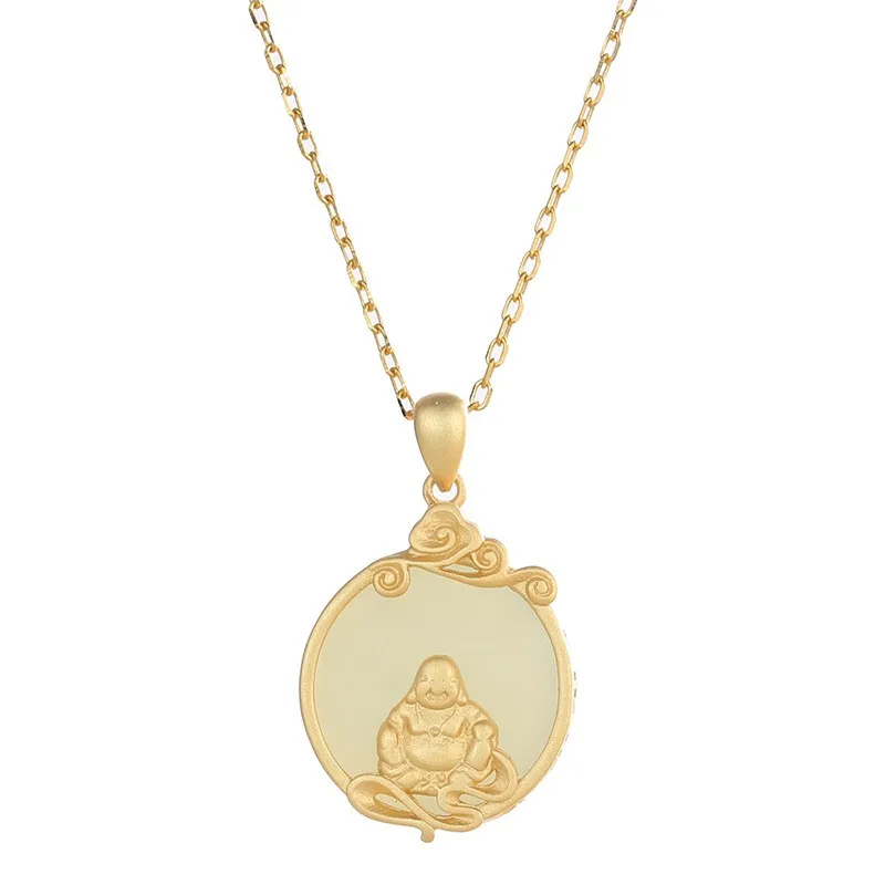 

XL359 ZFSILVER S925 Sterling Silver Fashion Trendy Hetian Jade Tassel Lucky Buddha Necklace For Girl Women Wedding Jewelry Gifts