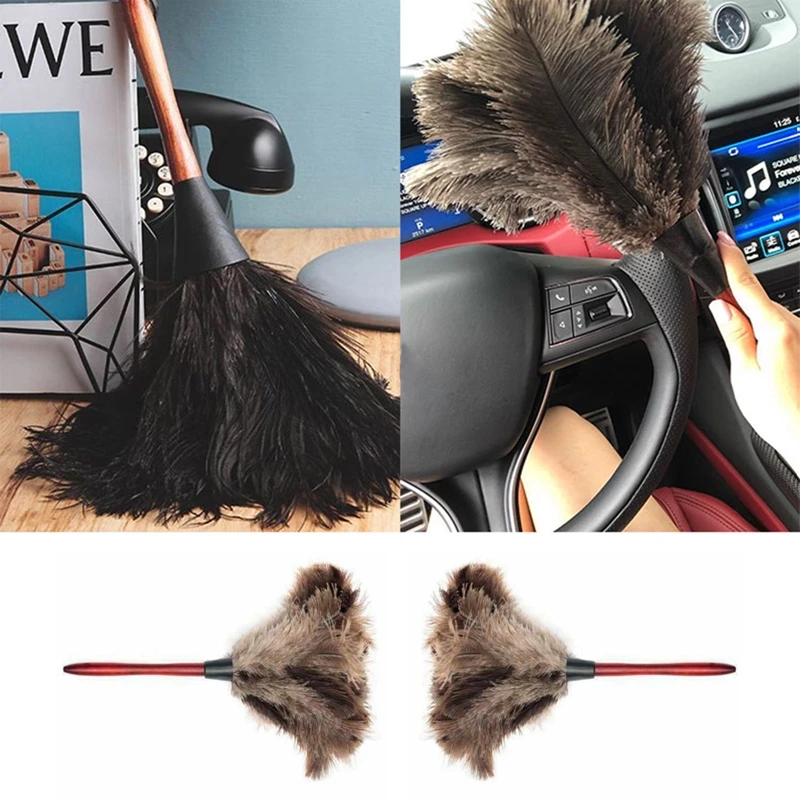 1 PC Feather Duster Wooden Handle Cleaning Tool Household Furniturer