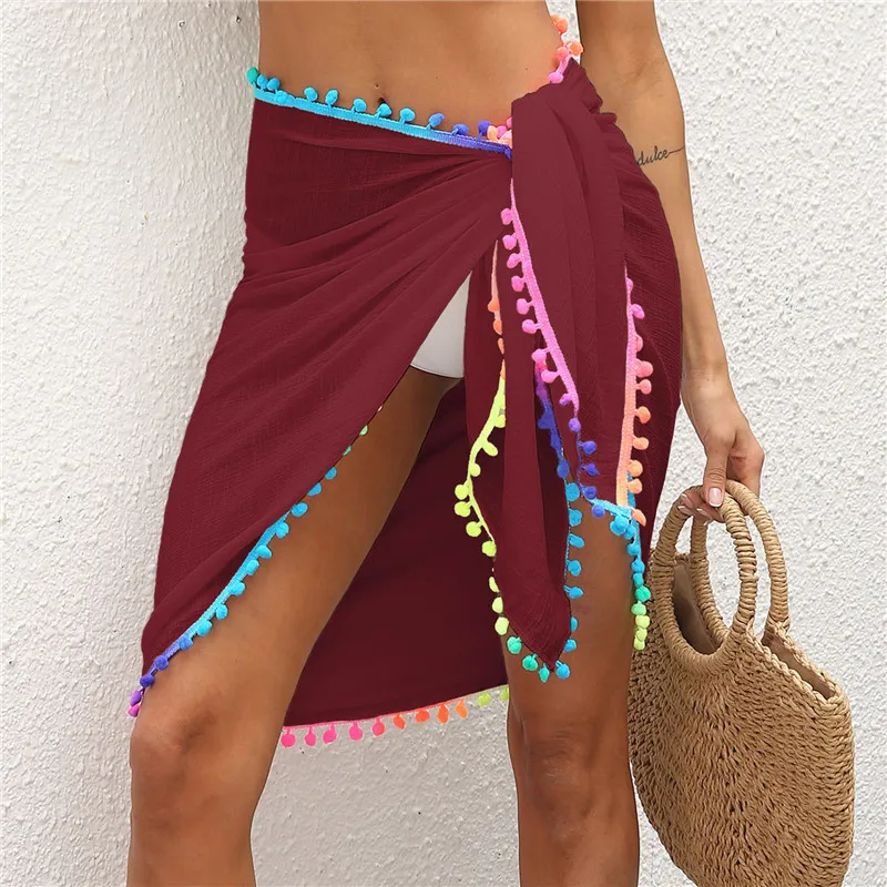 

Beach Skirt Color Tassel Patchwork Bandage Irregular Shawl One-piece 2023 New Seaside Holiday Multi-function Shawl Red 2