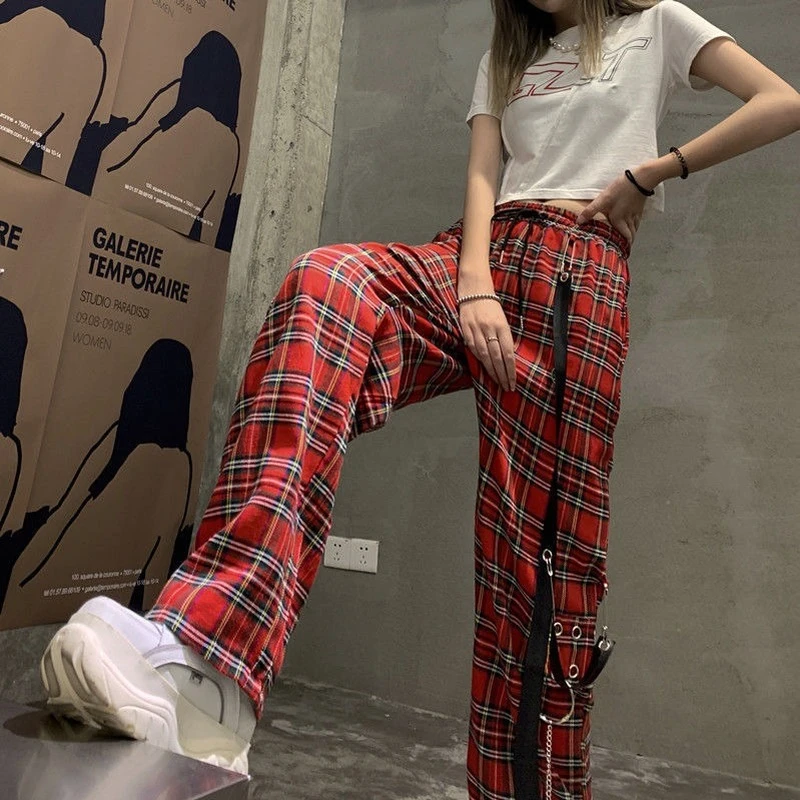 Feiernan Pantalones Punk a cuadros para mujer, pantalón gótico Harajuku de pierna ancha a cuadros rojos, ropa de calle Hippie, moda 2022| | AliExpress