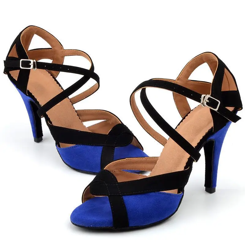 Blue suede Latin sandals, women's slim high heels, foreign trade AliExpress dance shoes, professional soft soled indoor