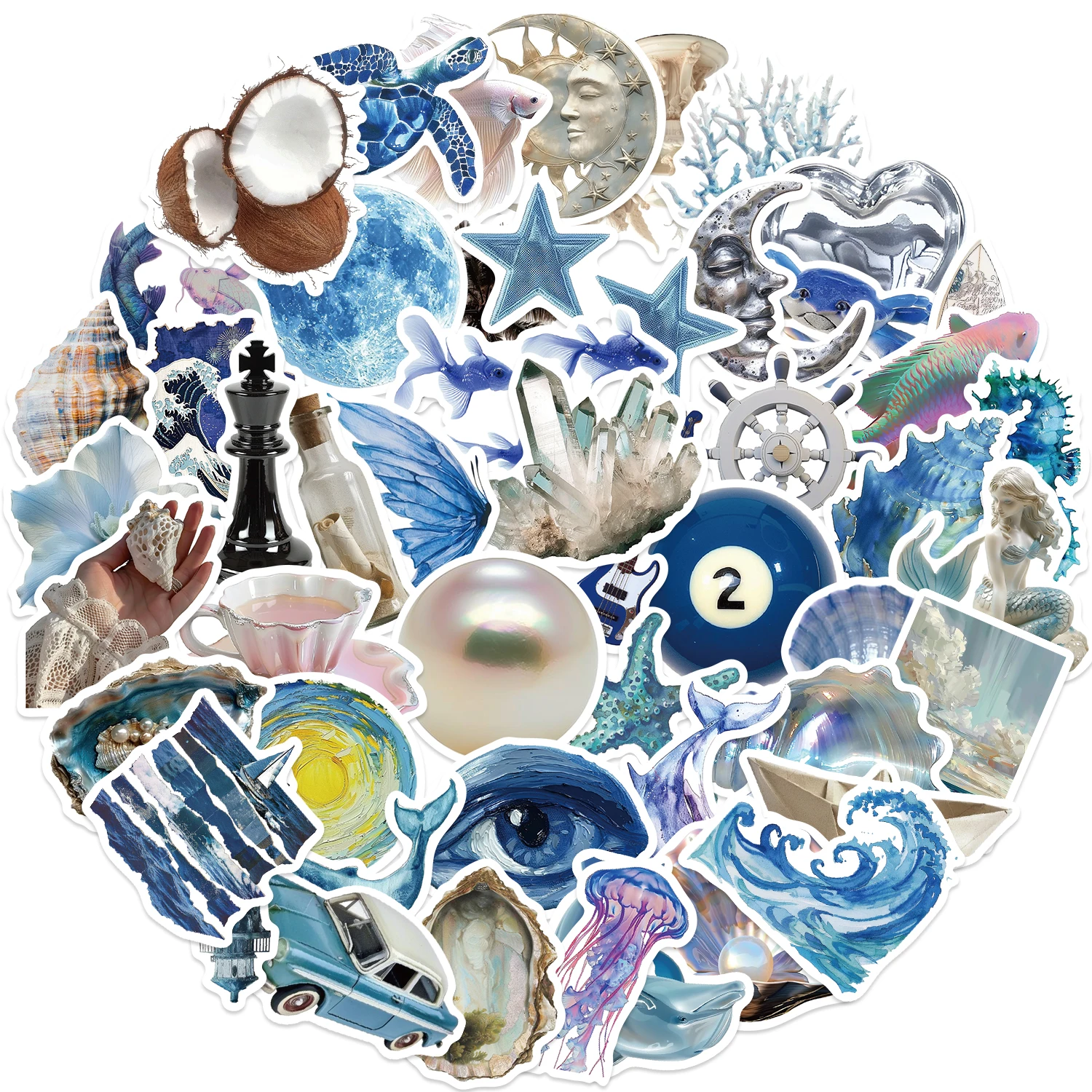 50pcs Ins Wind Blue and Silver Ocean Stickers  Aesthetic Cartoon Stickers For Laptops Luggage Skateboards Scrapbooks Guitars 6