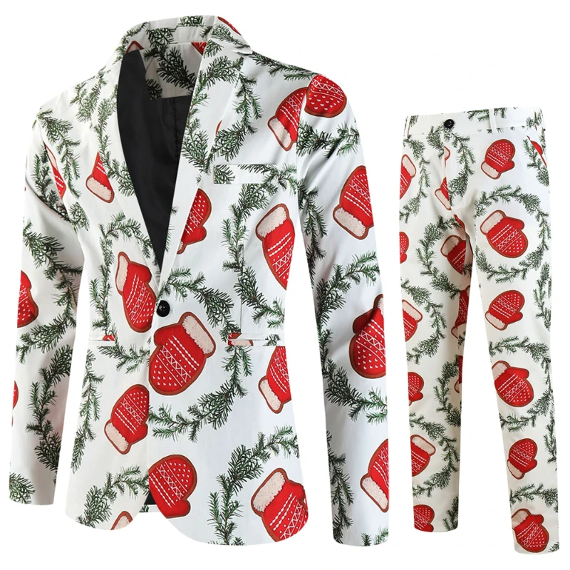Men's Christmas Suits 2 Pieces Blazers and Trousers Santa Claus Print Slim Fit Men Suit Sets New Year Party Stage Mens Clothing